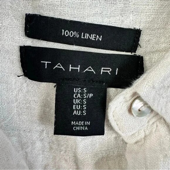 TAHARI Size S 100% Linen TunicShirt Button Front Roll Tab Sleeve Side Slit White - Picture 6 of 7